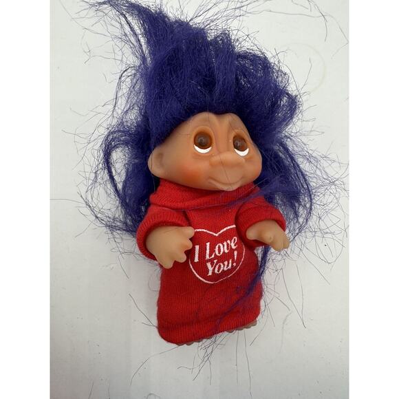 Vintage DAM Mini Troll Doll 1985 Pink Cheeks Purple Hair Red Long shirt I Love U - Picture 1 of 5
